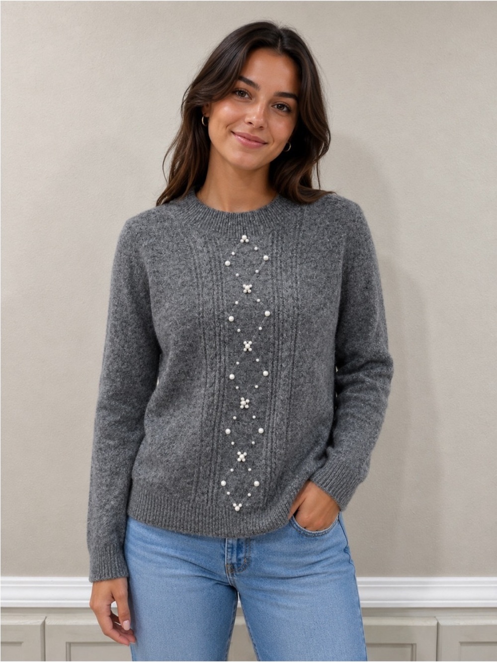 Grey Pearl-Embellished Knit Sweater